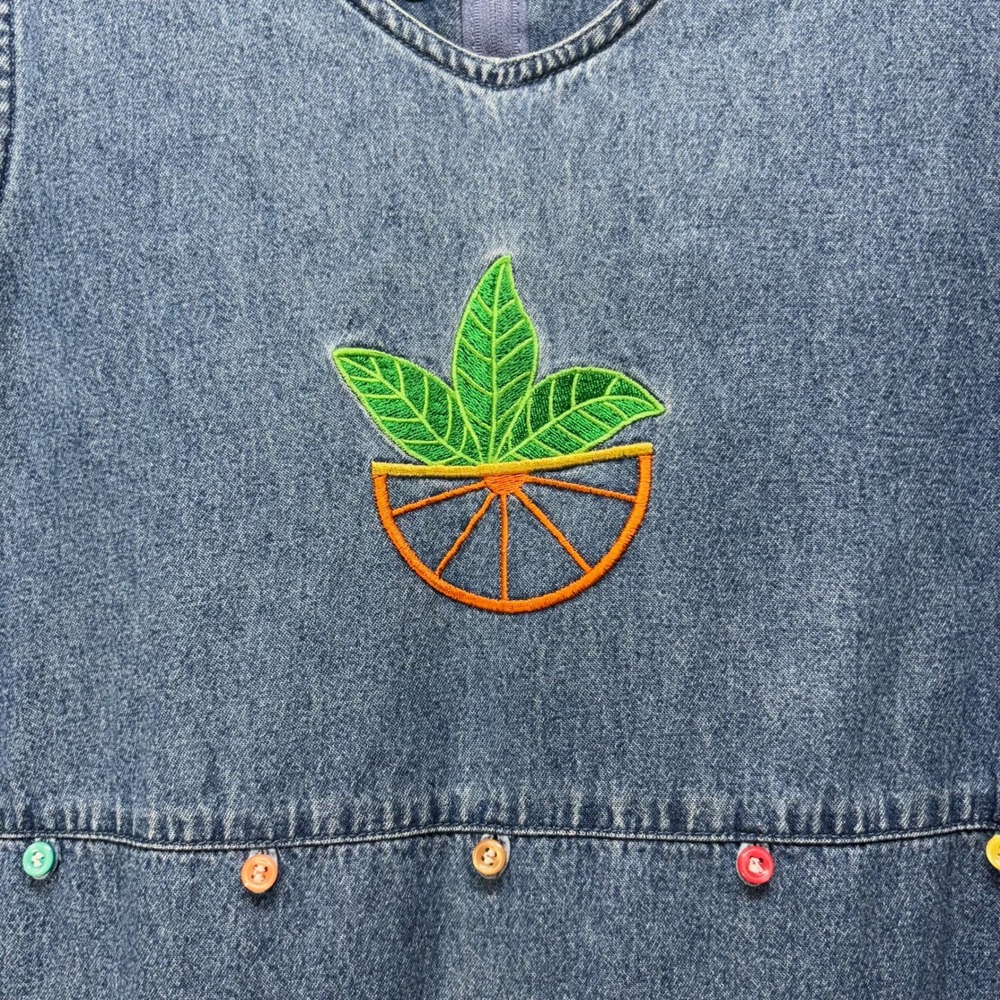 Y2K CB Casual Denim Midi Dress Size PL Orange Lemonade Citrus Embroidered Modest - Picture 2 of 11